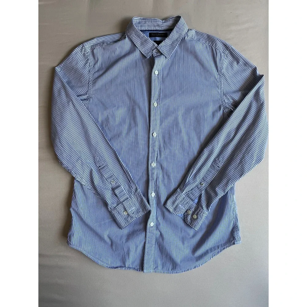 Banana Republic Mens Custom 078 Wash Shirt Tailored Slim Fit Blue White Stripe L
